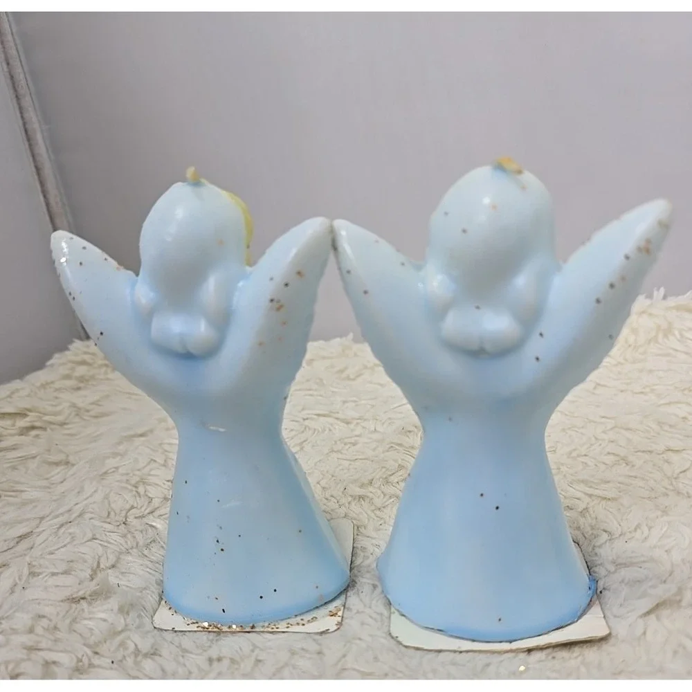 Vintage Pair of 2 Praying Angels Glitter Christmas Holiday Candle‎ 5